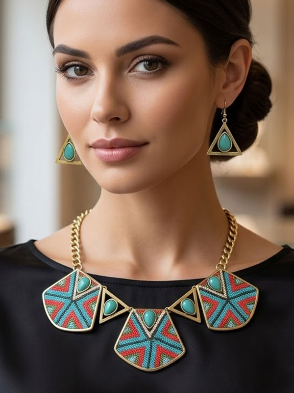 Luxury line multi crystal and bead deco plate link boutique style statement necklace earring set