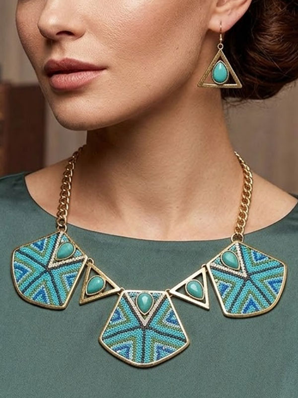 Luxury line multi crystal and bead deco plate link boutique style statement necklace earring set