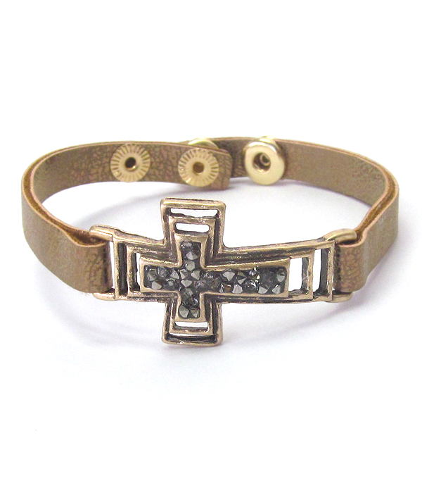 CRYSTAL CENTER GLUED CROSS AND LEATHERETTE BAND BRACELET