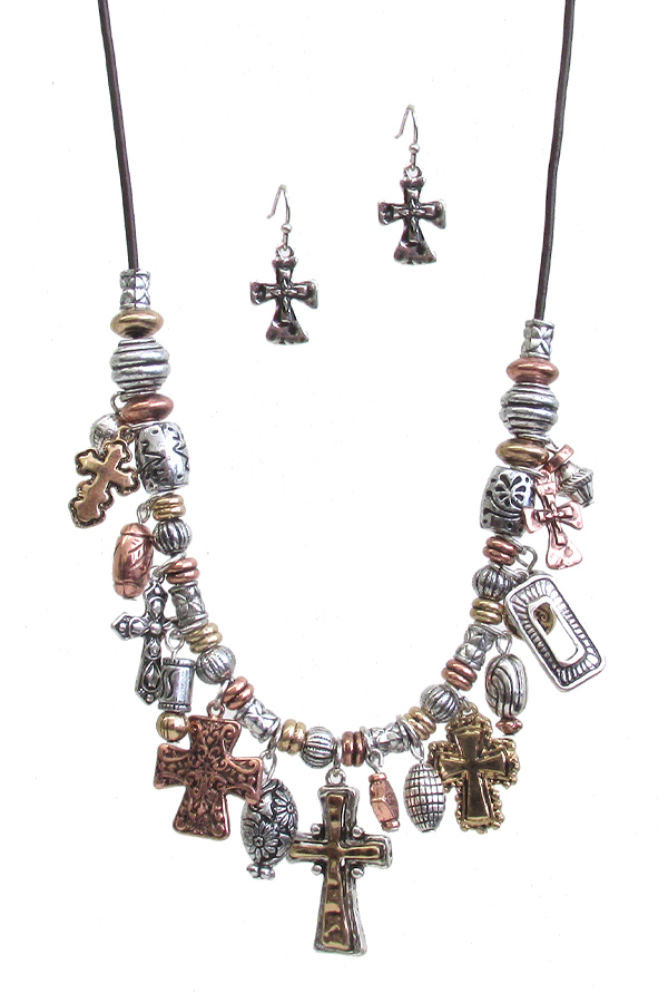 Western theme multi charm dangle necklace set - cross