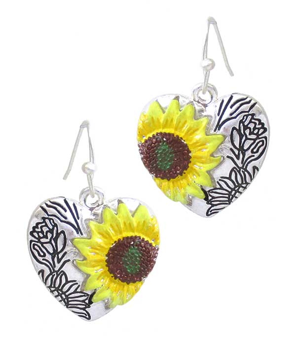 Epoxy sunflower heart earring