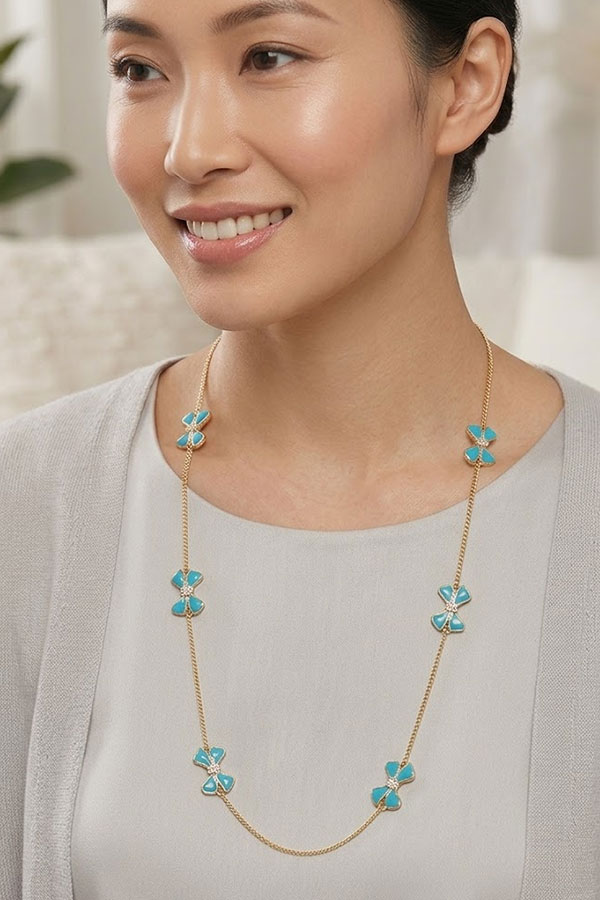 Multi crystal metal epoxy bow patern drop long chain necklace