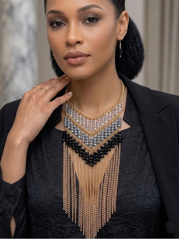 3 rows of beads with tassel drop statement necklace set