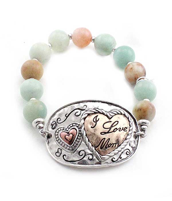 Mom theme heart and semi precious stone stretch bracelet