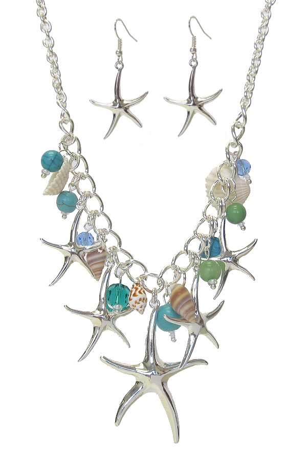 MULTI STARFISH AND SHELL CHARM NECKLACE SET