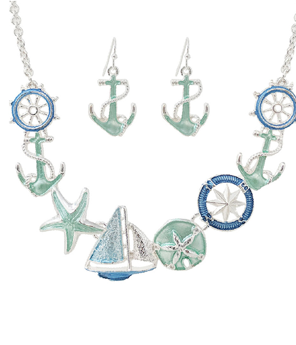 Nautical theme multi charm link necklace