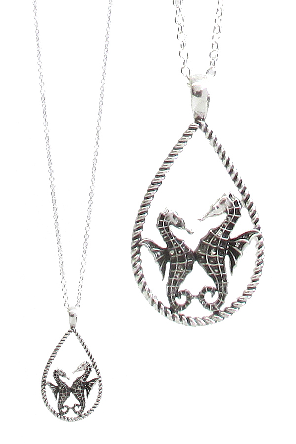 Sealife theme rope textured teardrop pendant necklace - seahorse