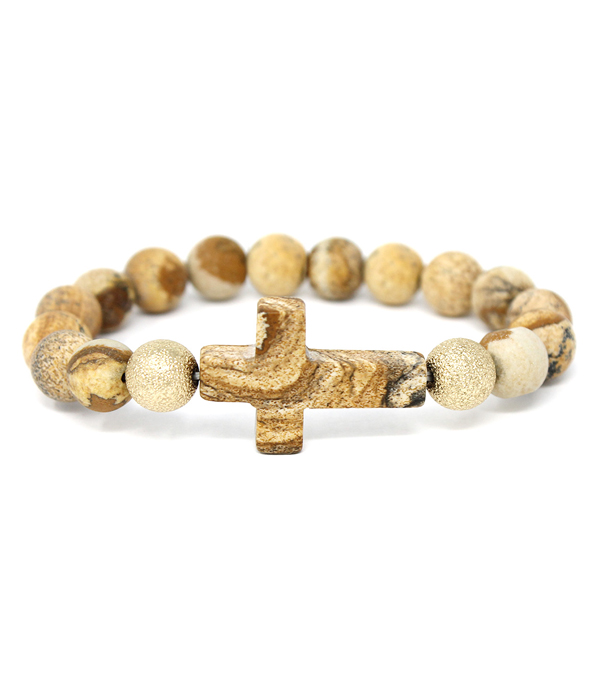 Semi precious stone cross stretch bracelet