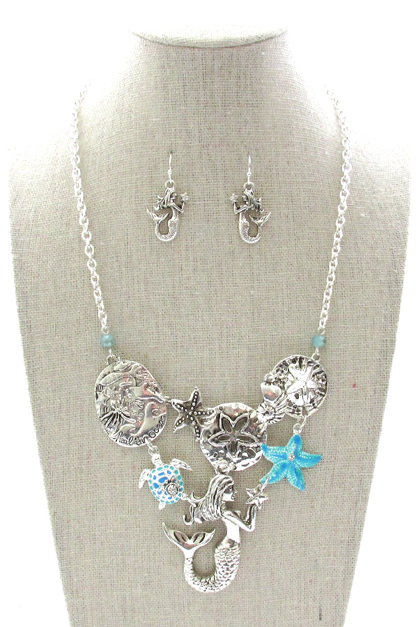 Sealife theme multi pendant link bib necklace set - mermaid turtle starfish