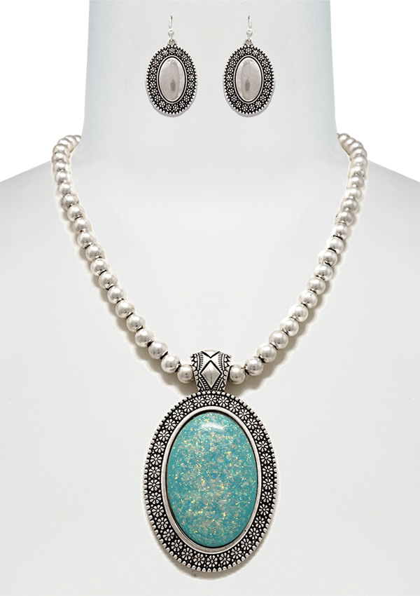 CHUNKY OVAL OPAL PENDANT AND BALL CHAIN NECKLACE SET