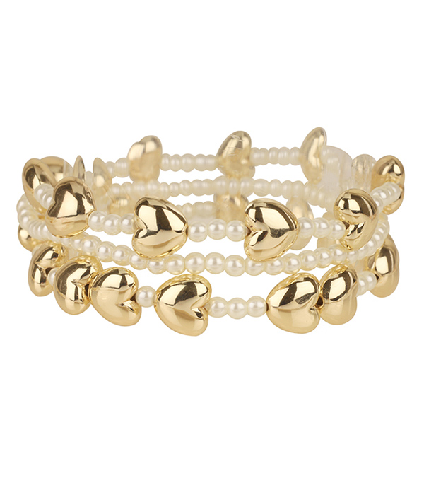 Puffy heart and pearl mix 3 stretch bracedlet set