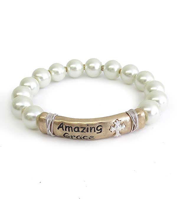 Religious inspiration pearl stretch bracelet - amazing grace