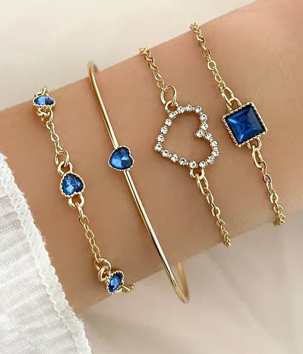 Wire and chain mix 4 heart bracelet set