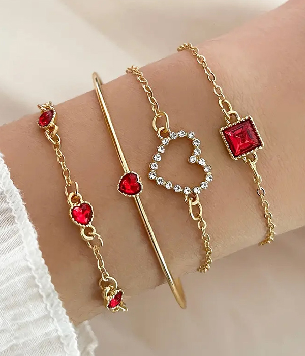 Wire and chain mix 4 heart bracelet set