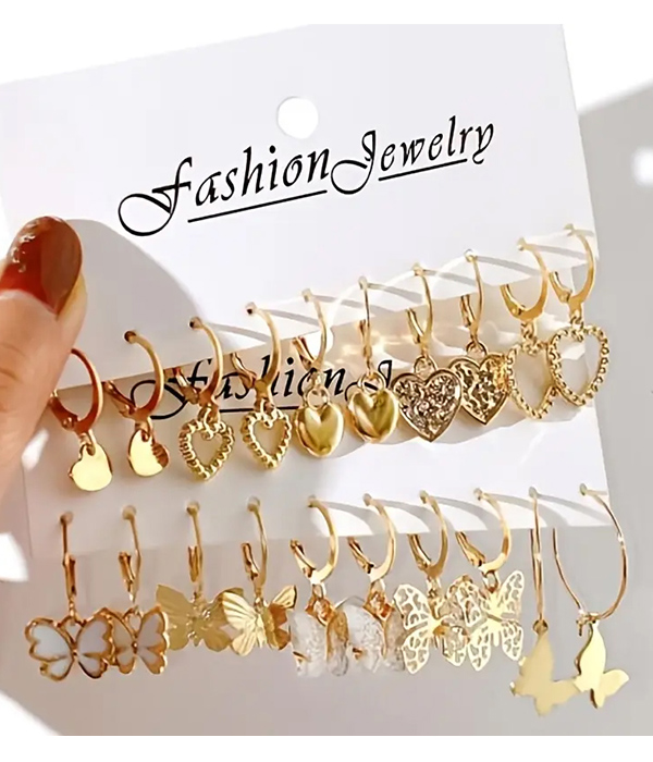 Heart and butterfly charm 10 pair earring set