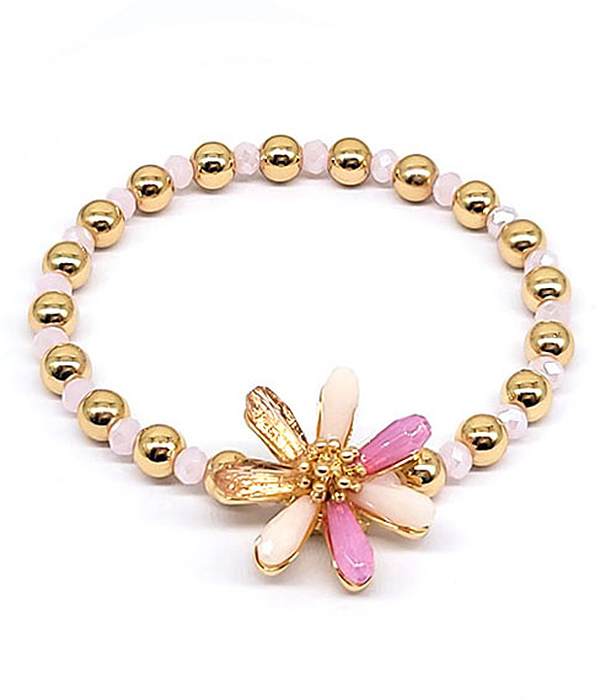 GARDEN THEME FACET STONE FLOWER AND MULTI BALL BEAD STRETCH BRACELET