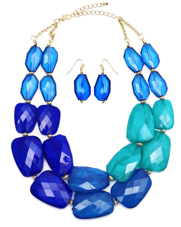 Multi color facet resin stone double chain necklace earring set