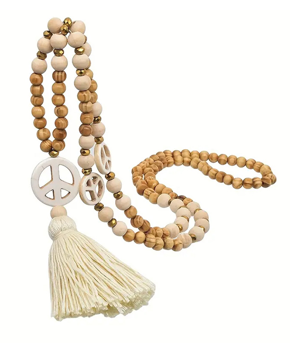 Multi wood bead and peace pendant tassel drop long necklace