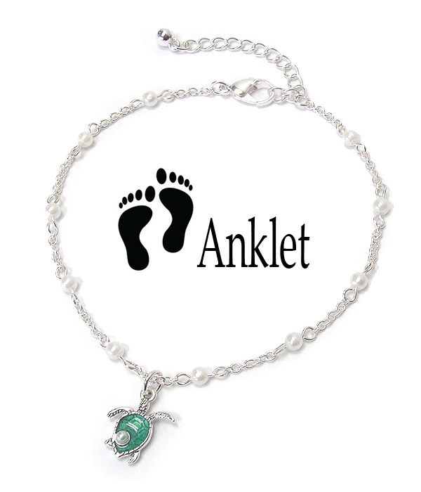 Sealife theme charm anklet - pearl and turtle
