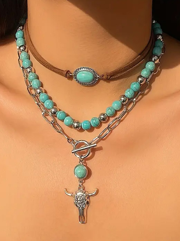 Turquoise and suede chain 3 necklace set - long horn