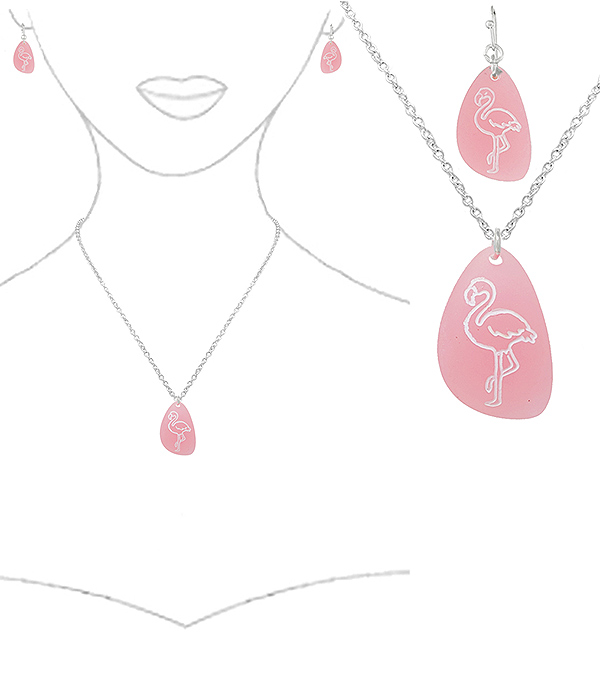 TROPICAL THEME SEA GLASS PENDANT NECKLACE SET - FLAMINGO