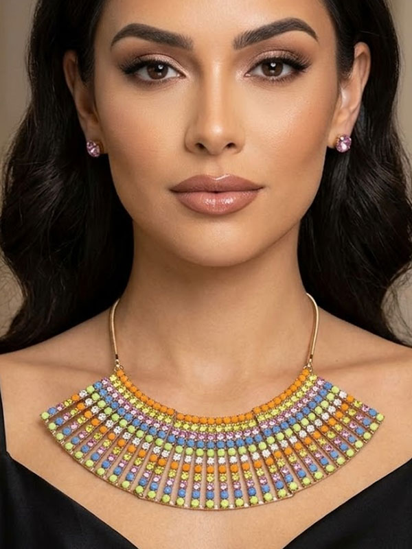 Multi crystal deco tribal statement necklace earring set