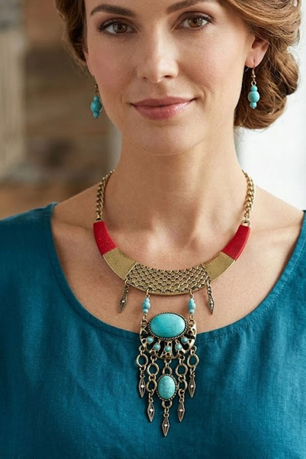 Metal bib and turquoise stone drop statement necklace set