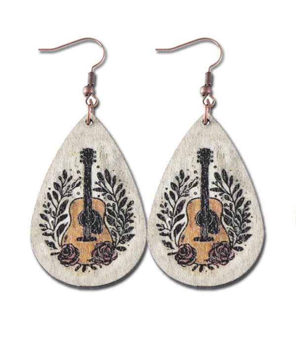 Wood teardrop earring - guitar