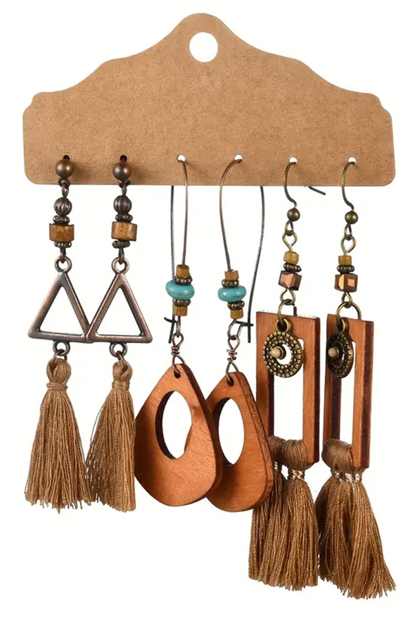 3 pair retro style wood mix earrings