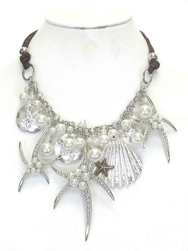 Multi starfish and shell and pearl mix statement necklace