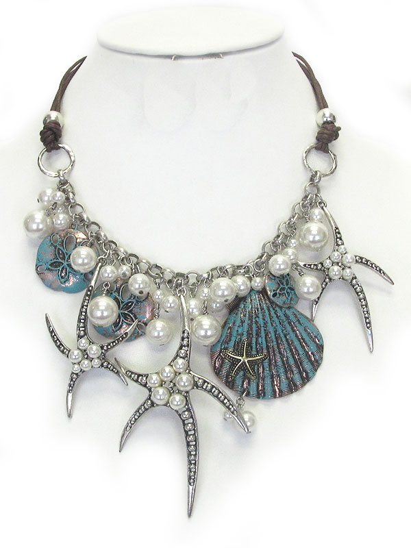 Multi starfish and shell and pearl mix statement necklace