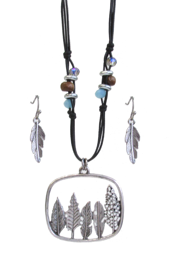 Multi feather and leaf mix pendant cord necklace set