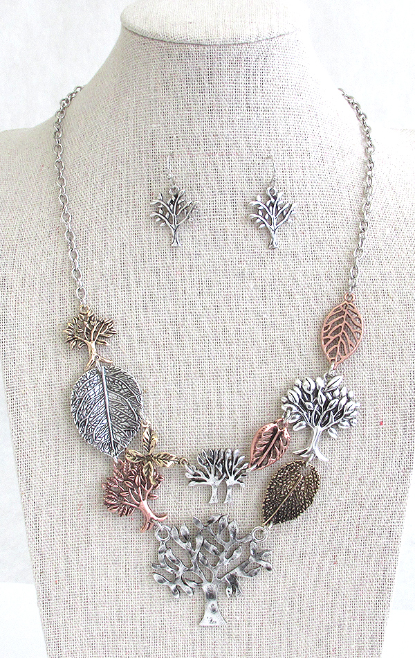 Tree of life theme multi charm link bib necklace set