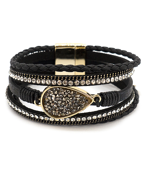 Teardrop druzy and multi layer leatherette magnetic bracelet