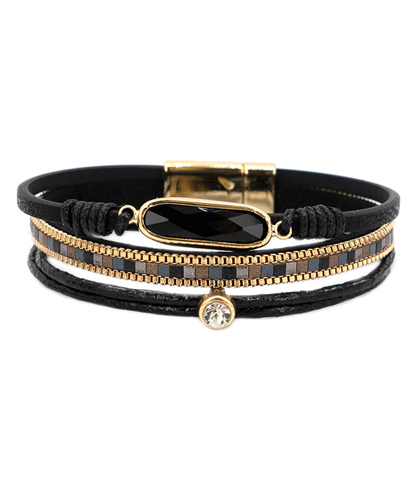 Facet stone and multi layer leatherette magnetic bracelet