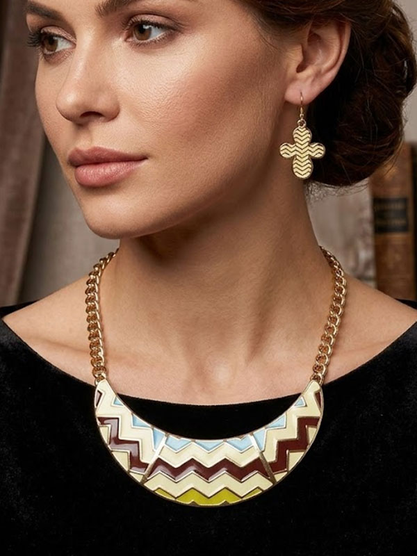 Epoxy chevron metal crescent half chocker statement necklace earring set