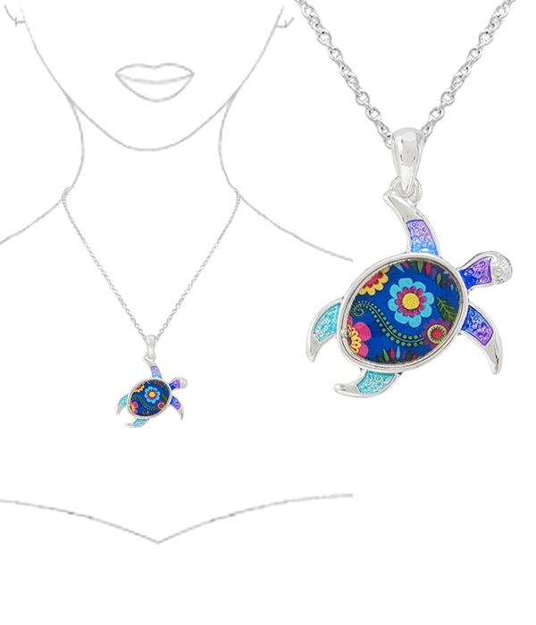 SEALIFE THEME ART PAINT PENDANT NECKLACE - TURTLE