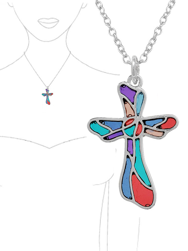 STAINED GLASS WINDOW INSPIRED MOSAIC PENDANT NECKLACE - CROSS