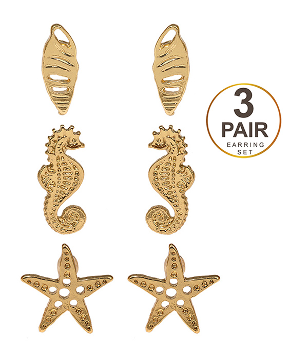Sealife theme 3 pair earring set - starfish seahorse shell