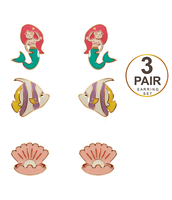 Sealife theme 3 pair earring set - mermaid