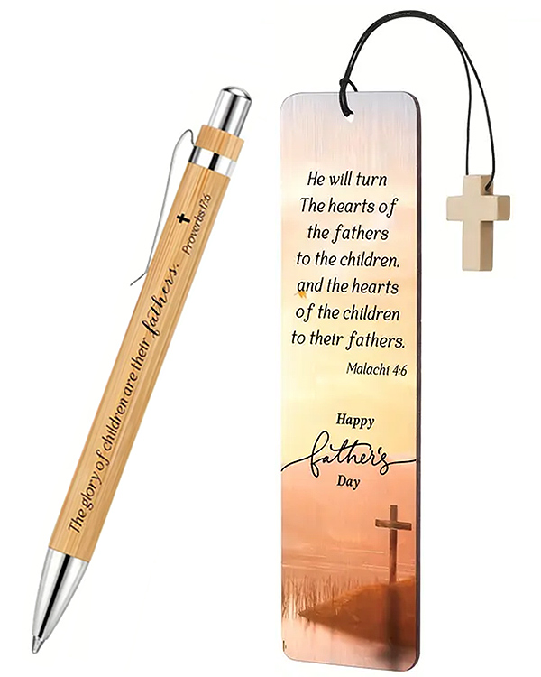 Religious inspiration wood bookmark and bamboo ball point pen set
