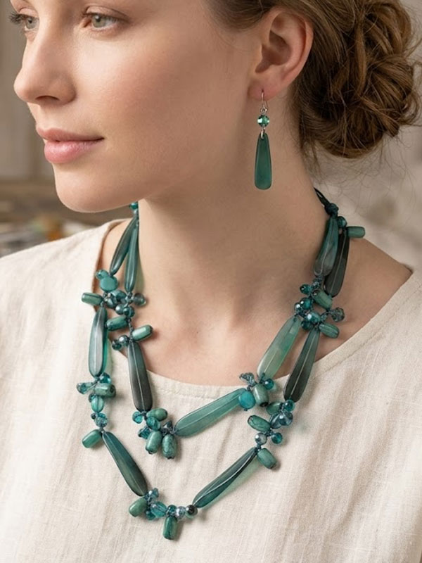 Multi braided stone and long fabric chain statement necklace set