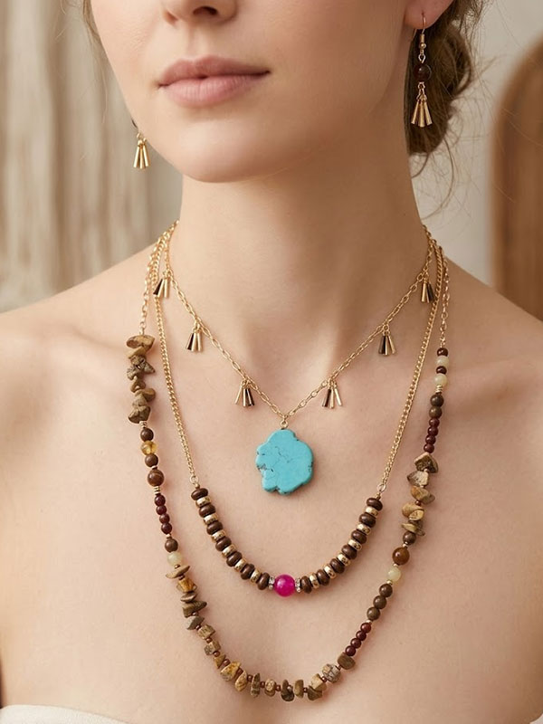 Turquoise and genuine stone beads 3 layered statement long necklace set