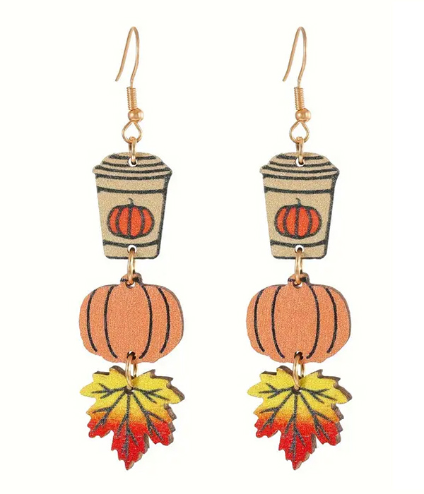 Halloween theme wood earring - cup pumpkin maple leaf