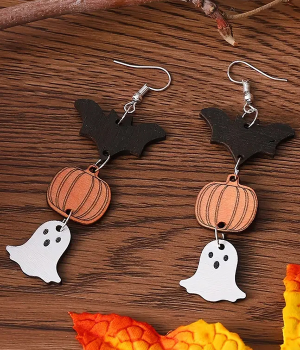 Halloween theme wood earring - bat pumpkin ghost