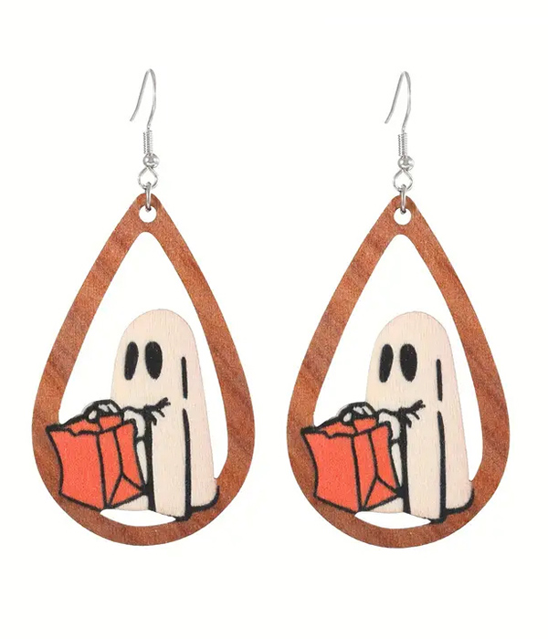 Halloween theme wood teardrop earring - ghost