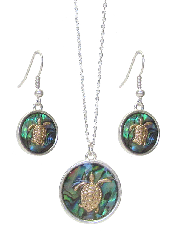 SEALIFE THEME ABALONE DISC PENDANT NECKLACE SET - TURTLE