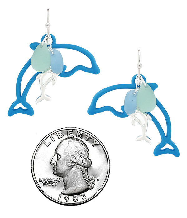Sealife theme rubber plated charm drop earring - dolphin
