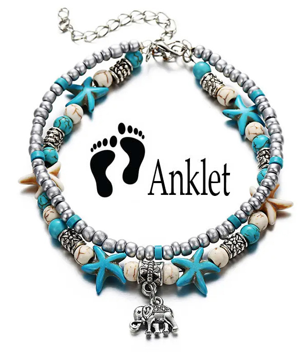 Boho style double layer anklet - elephant