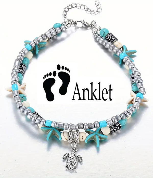 Boho style double layer anklet - turtle